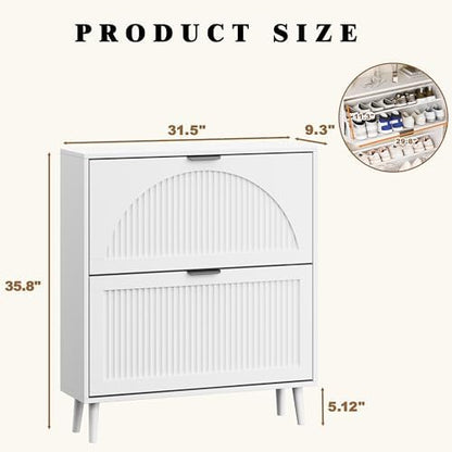 Shoe Storage Cabinet with 2 Flip Drawers, Narrow Wood Shoe Organizer Cabinet with Fluted Panel, Slim Shoe Rack for Entryway, Freestanding Shoe Cabinet for Living Room, Hallway, White