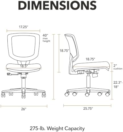HON Volt Ergonomic Office Chair, Armless, Office Desk Computer Chair, Black