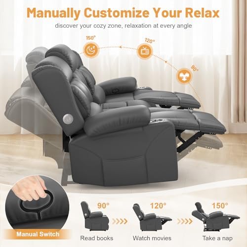 Dresegmt Loveseat Recliner Sofa, Flip Middle Backrest Design PU Leather 3 Seat Reclining Sofa with Storage Drawer, Manual Couch for Living Room/RV (Gray, PU)