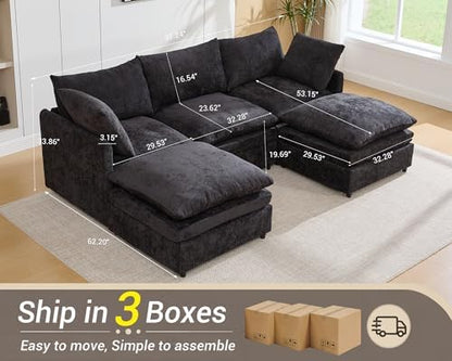 97" Cloud Couch Sectional Sofas for Living Room, U Shape Modular Cloud Sofa with Movable Ottoman, Chenille Comfy Couches 5 Deep Seats for Apartment, Office, Bedroom, Black