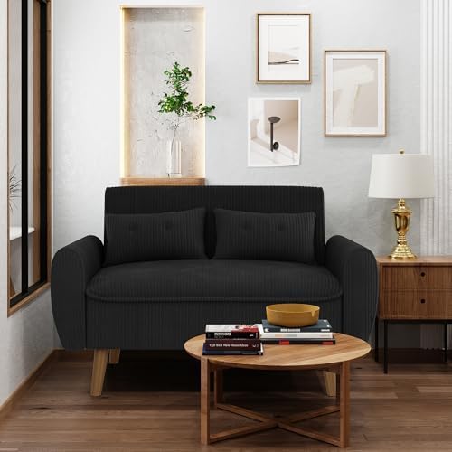 Shintenchi 48'' Loveseat Sofa, Mid-Century Modern Upholstered Couch Deep Seat with 2 Pillows, 10" Thick Cushion with Spring, Solid Wood Frame Small Couch for Living Room, Dorms & Office, Black