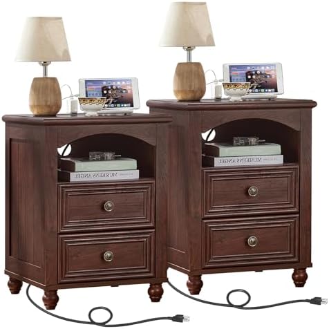 RWYHG 18" Night Stand Set 2 with Charger Station, Nightstand with 2 Drawers