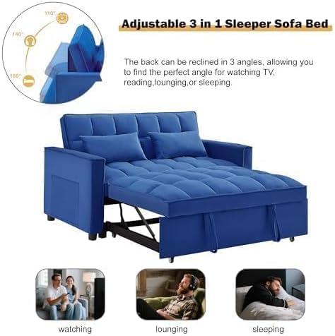 Sleeper Sofa Bed with Adjustable Backrest & Side Pockets, Blue