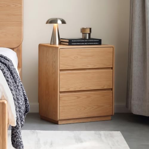Solid Wood 3-Drawer Nightstand for Bedroom, Oak Wood
