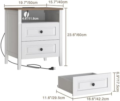 ChooChoo Nightstands Set of 2, with Charging Station, White and Walnut