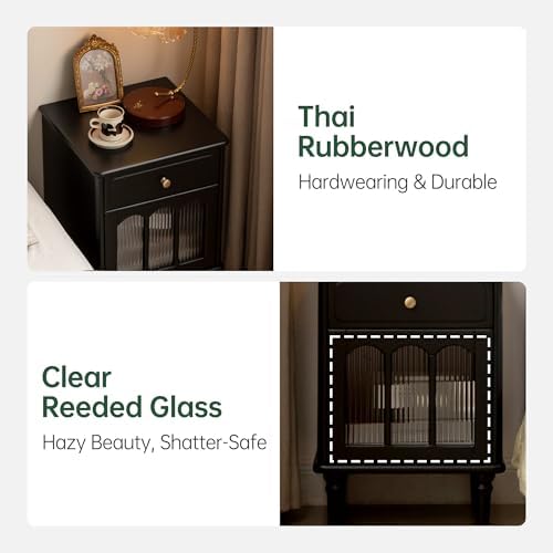Solid Wood Nightstand Set of 2, Wooden Nightstands with Drawer and Fluted Glass Door – Mid Century Modern Farmhouse Vintage Night Stand, Left and Right Set, 15.75" D x 16.54" W x 22.83" H