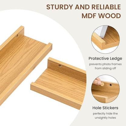 Heimlove Picture Ledge Shelf,36 inch Long Floating Shelves for Wall Set of 2,Picture Shelf with Lip for Wall Decor,Living Room,Bedroom,Bookshelf,Nursery,Perfume,Oak Color