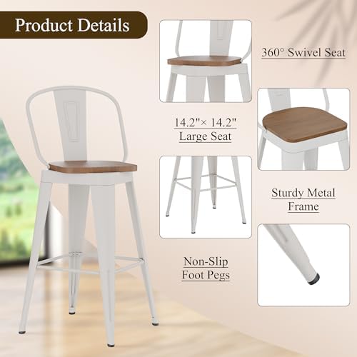 Aklaus Swivel Bar Stools 30 inch Swivel Metal Bar Height Barstools Set of 4 Modern Farmhouse Bar Chairs with High Backs and Large Wooden Seat for Dining Room Kitchen Island Cream White