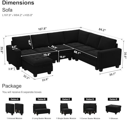 Belffin Modular Sectional Sofa Couch 7-Seater Convertible Sectional Sofa Velvet Modular Sectional with Storage Ottoman L Shaped Couch with Chaises Black
