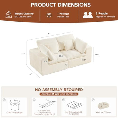 82" Oversized Loveseat Sofa,Deep Seat Boneless Sectional Couch, Modern Cloud Modular Sectional Sofa,Cloud Sectional Couch for Living Room,No Assembly,Chenille Beige