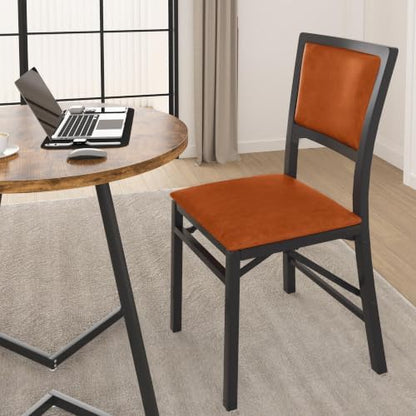 VECELO Folding Dining Chairs Set of 2, Metal Padded Foldable Seating with Comfortable Faux Leather, Space-Saving Portable Guest Seats for Kitchen & Office, No Assembly, Cognac Brown