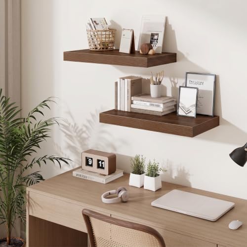 24 Inch Floating Shelves Wall-Mounted, 12 Inch Deep Wall Shelves, 24 x 12 Floating Shelf, Deep Storage Shelf for Living Room Bathroom Bedroom, Walnut, Set of 2