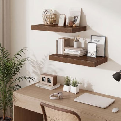 24 Inch Floating Shelves Wall-Mounted, 12 Inch Deep Wall Shelves, 24 x 12 Floating Shelf, Deep Storage Shelf for Living Room Bathroom Bedroom, Walnut, Set of 2