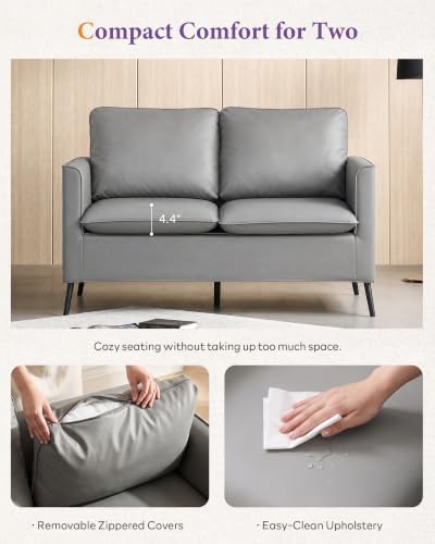 Faux Leather Loveseat Sofa, Small 2 Seater Couch for Small Spaces (Grey, 1)