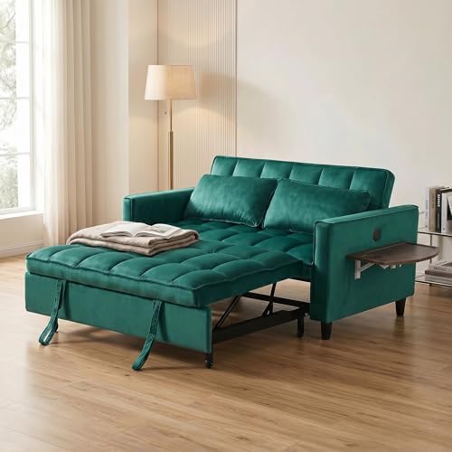 4 in 1 Convertible Sofa Bed, Pull Out Couch with Adjustable Backrest, Loveseat Sleeper Sofa Bed with USB Ports and Side Table, Couch Beds for Living Room, Bedroom, Apartment, Green