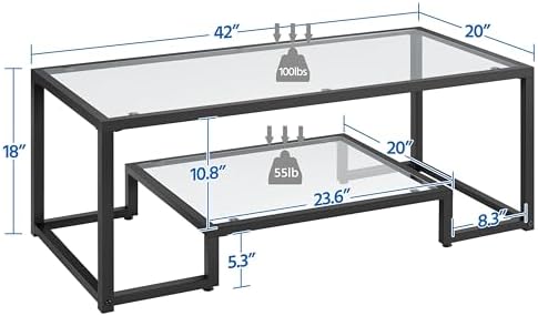 Yaheetech Glass Coffee Table for Living Room, 42" with Storage Shelf, Black