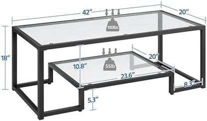 Yaheetech Glass Coffee Table for Living Room, 42" with Storage Shelf, Black