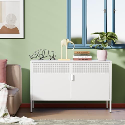 Ustamio White Metal Locker Storage Cabinet with Adjustable Shelf, Low Metal Storage Cabinet for Home Office, 2 Door Small Decorative Metal Locker Tv Stand Cabinet