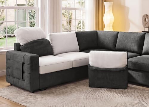 HONBAY Sectional Couch with Pull Out Bed, U-Shaped Sectional Sleeper Sofa with Storage, 6 Seater Sectional Sofa Bed, Mid-Grey