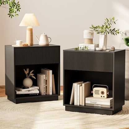 Fluted Nightstands Set of 2, Modern Bedside Table with Drawer and Open Storage Shelf, Wood End Table Mid Century Night Stands for Bedroom Small Spaces, Black