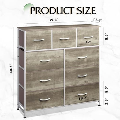 WLIVE Tall Dresser for Bedroom, 9 Drawer Chest of Drawers, Greige