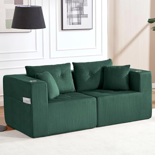 73" Loveseat Modular Sectional Sofa, Oversized 2-Seater Boneless Tufted Cloud Couch with Cup Holder, Corduroy Upholstery Small Couches for Living Room, No Assembly Green