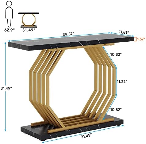 Tribesigns Gold Console Table, Faux Marble Entryway Table Narrow Sofa Table with Geometric Metal Base, 40 Inch Modern Accent Table Entrance Table for Living Room, Hallway, Foyer, Black