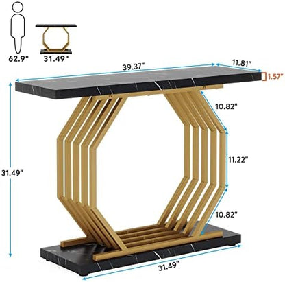 Tribesigns Gold Console Table, Faux Marble Entryway Table Narrow Sofa Table with Geometric Metal Base, 40 Inch Modern Accent Table Entrance Table for Living Room, Hallway, Foyer, Black