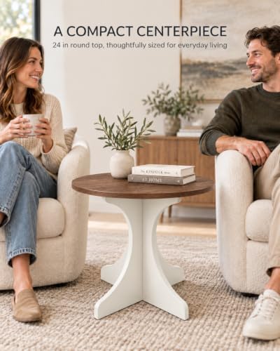 24in Modern Round Side Table Accent End Table Coffee Table with Walnut Wood Grain Tabletop & White Curved Base for Living Room Bedroom Sofa Corner, Pedestal Nightstand for Indoor/Outdoor