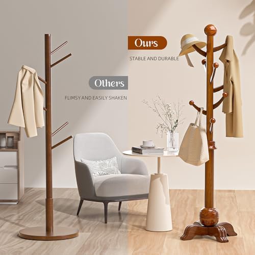 Wooden Coat Rack, 7 Hooks Freestanding Wood Coat Tree Rack with Stable Base