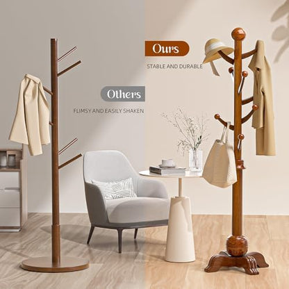 Wooden Coat Rack, 7 Hooks Freestanding Wood Coat Tree Rack with Stable Base