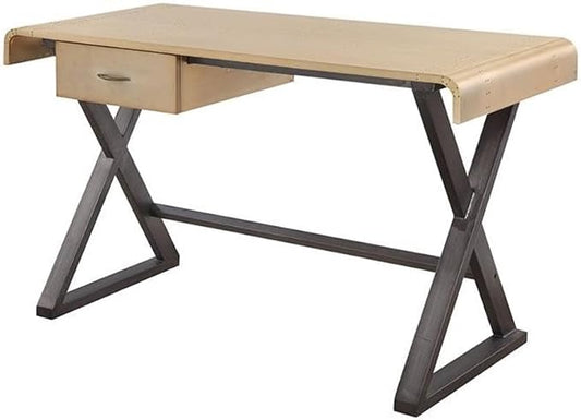 BOWERY HILL Modern Home Office Desk, 50 in x 22 in x 31 in, Gold Aluminum Top, Metal X-Frame Legs, Rectangular Table with 1 Storage Drawer, Durable Industrial Style Workspace