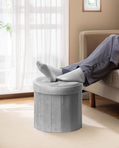 Bsketa Round Storage Ottoman, 14" Folding Velvet Foot Stool Rest,Grey