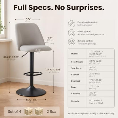 COLAMY Adjustable Upholstered Bar Stools Set of 4,360° Swivel Counter Height Chairs with Soft Cushioned Seat & Stable Metal Base for Kitchen Island,250 LBS Capacity,Easy Assembly,Grey