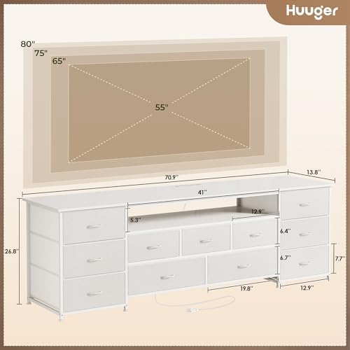 Huuger 70 Inch TV Stand for 75, 80 Inch TV, 11 Drawer Long Dresser with Power Outlets and LED Lights, Entertainment Center with Storage, White Dresser with PU Leather Surface