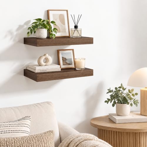 Dreamland 16 Inches Wall Mounted Wood Floating Shelves, Walnut, 2 Pack