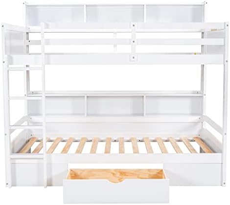 Twin Over Twin Bunk Bed with Built-in Shelves Beside Both Upper and Down Bed and Storage Drawer, Twin Size Wooden Bunk Bed with Guardrails and Ladder