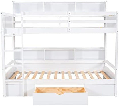 Twin Over Twin Bunk Bed with Built-in Shelves Beside Both Upper and Down Bed and Storage Drawer, Twin Size Wooden Bunk Bed with Guardrails and Ladder