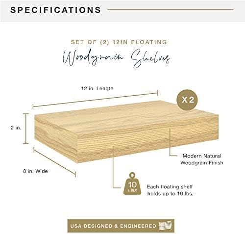 MCS Natural Woodgrain Floating Shelves, 12 Inch x 8 Inch, Set of 2, 12 x 8
