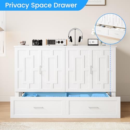 PUREMIND Queen Murphy Bed Cabinet with Tri-Fold Mattress