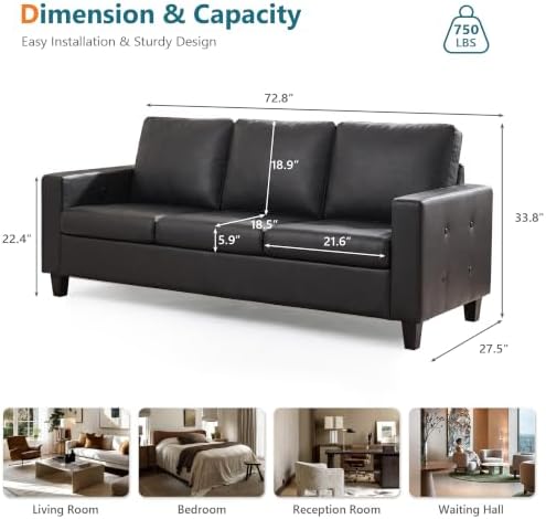 STHOUYN 73” Black Faux Leather Sofa, Comfy 3 Seater Couch for Living Room