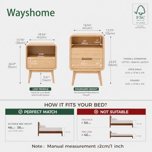 Solid Wood Nightstand Set of 2, Mid Century Modern Nightstands with Drawer, Small Nightstand with Open Storage, Small Bedside Table for Bedroom, Dormitory(Natural Wood Color)