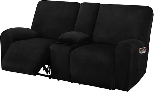 ULTICOR Reclining Loveseat with Middle Console Slipcover, 8-Piece Velvet Stretch Loveseat Reclining Sofa Covers, 2 Thick, Soft, Washable, Covers ONLY (Black)