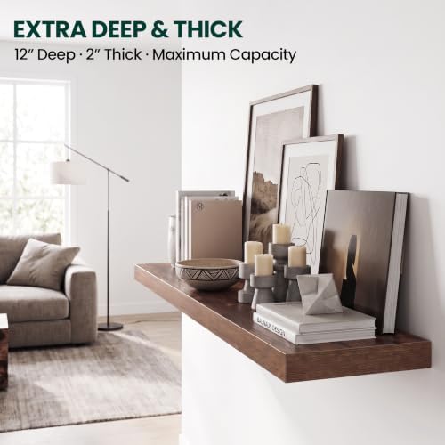 12 Inch Deep Floating Shelves Brown, 48 Inch Long, 2" Thick Floating Shelves for Wall, Hidden Bracket, Scratch-Resistant Wood Grain for Bedroom Bathroom Kitchen, Coffee Bar, Bookshelf