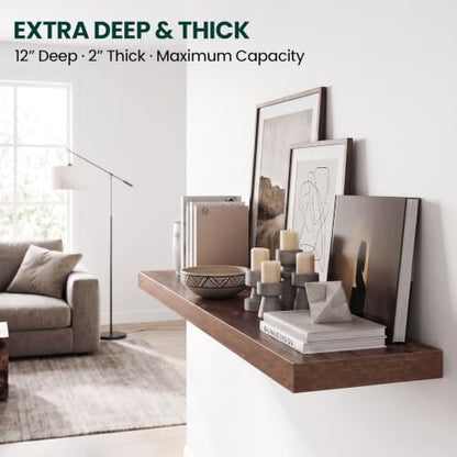 12 Inch Deep Floating Shelves Brown, 48 Inch Long, 2" Thick Floating Shelves for Wall, Hidden Bracket, Scratch-Resistant Wood Grain for Bedroom Bathroom Kitchen, Coffee Bar, Bookshelf