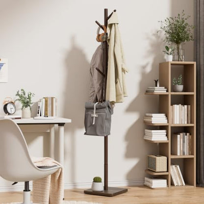 Nianerfaya Solid Wood Coat Rack, Free Standing Hall Coat Tree, Brown