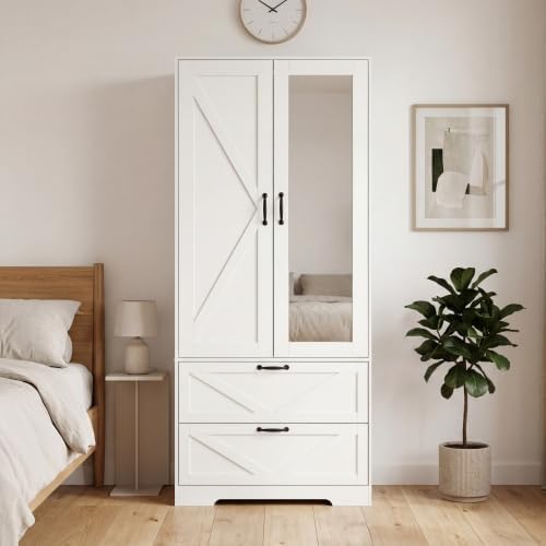 72" Wardrobe Closet with Mirror, Bedroom Armoire with Drawers, Hanging Rod and LED Light, Farmhouse Wooden Clothes Storage Cabinet for Bedroom, Guest Room, Apartment,White