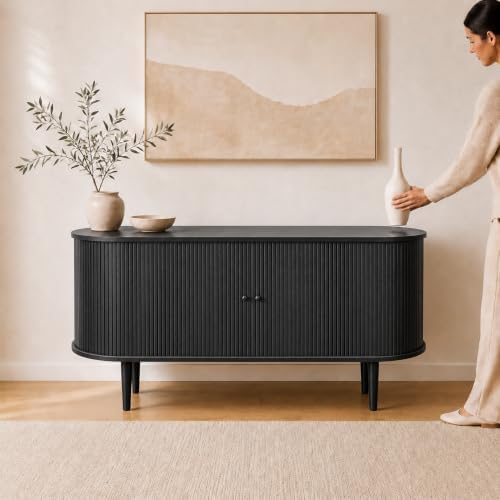 55'' Fluted Sideboard Buffet Cabinet with Sliding Doors and Adjustable Shelves for Dining Room, Living Room, Entryway. Mid Century Modern Fluted Cabinet with Storage (Black Oak)