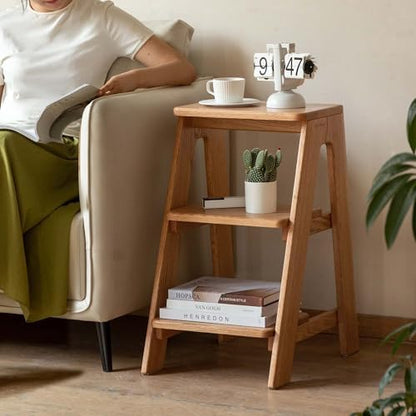 100% Solid Oak Wood 3 Step Stool, Multifunctional 3-Tier End Table Nightstand Plant Stand Counter Barstool Dining Stool for Living Room Bedroom Kitchen (Natural Oak, 3-Tier)