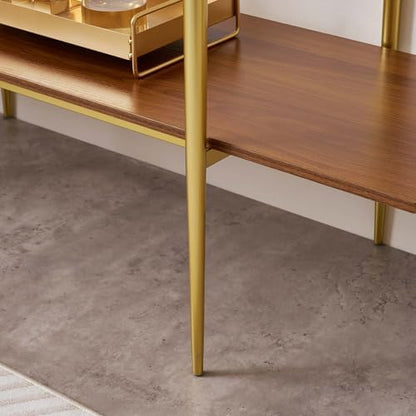 Extra Large Glass Console Table for Living Room, Foyer & Entrance, L47 x W16 x H31, Mid-Century Modern Sofa Table with Clear Glass Top, Walnut Finish Wood Top and Gold Finish Metal Frame